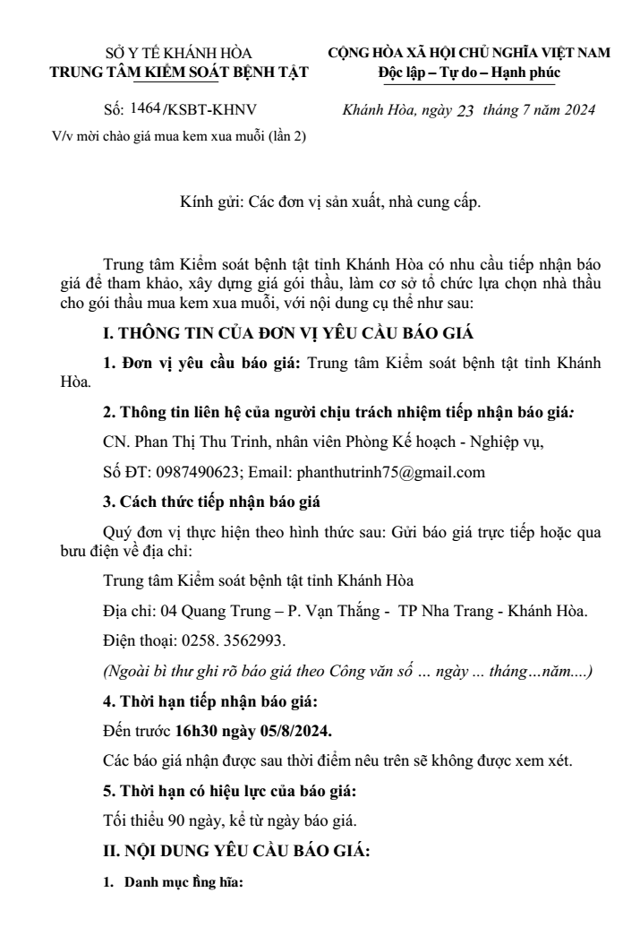 Mời chào giá mua kem xua muỗi (lần 2)